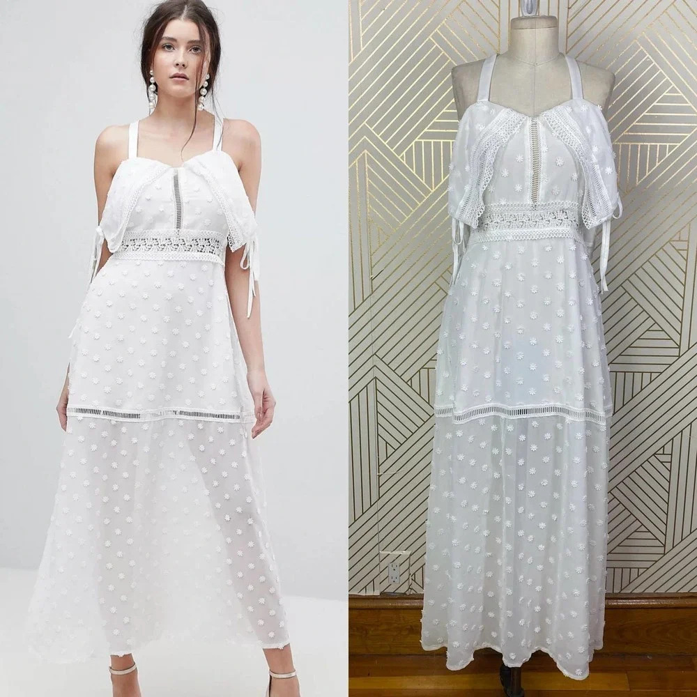 Lioness Cross Back Layered Folk Midaxi Dress in White Boho Size US Small